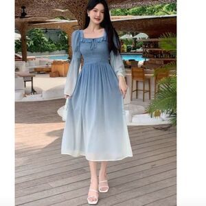 NWT Dazy Milkmaid Midi Dress Blue Ombre Lantern Sleeve Smocked Bodice Size XXL